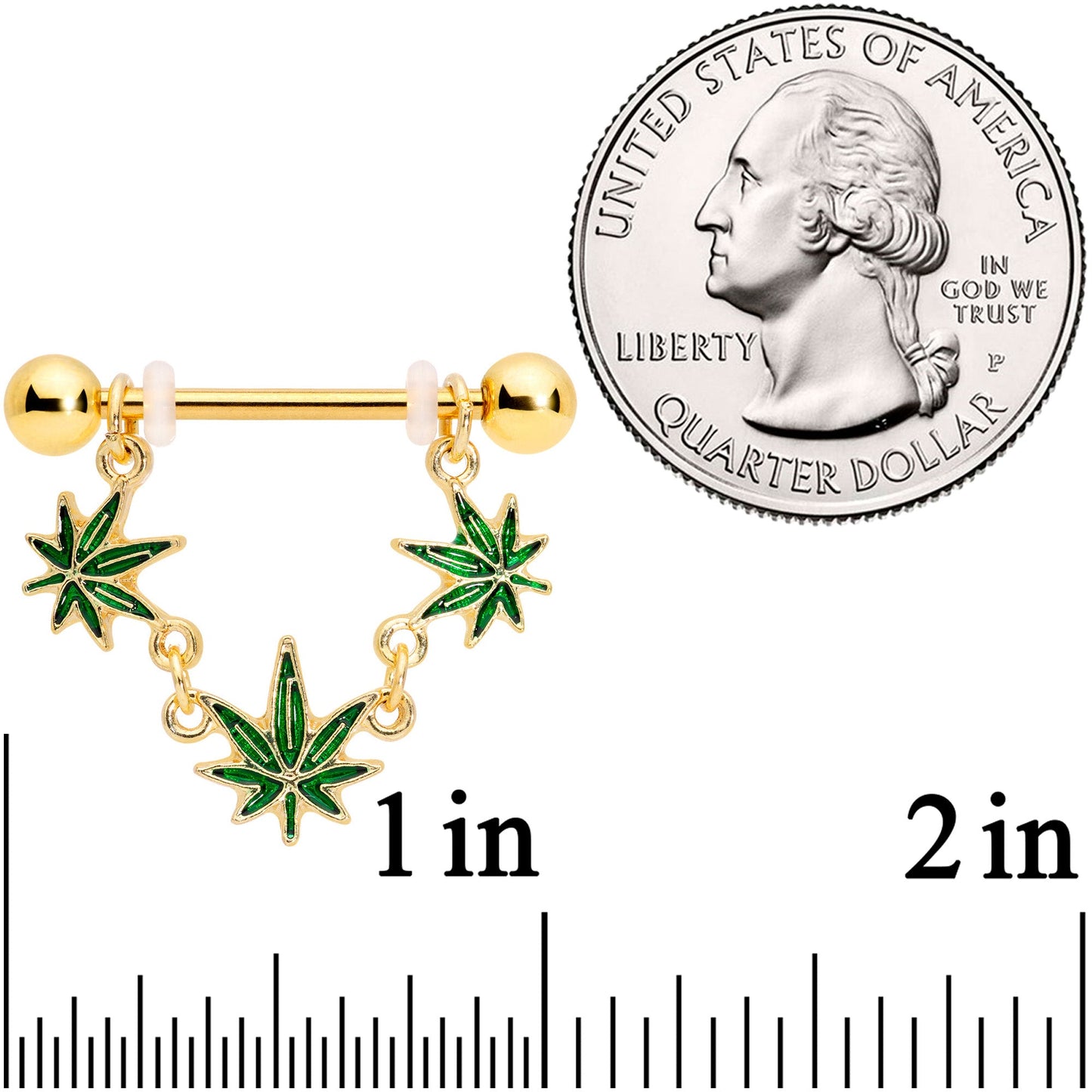 14G 3/4 Green Gold Tone Weed Pot Leaf Dangle Nipple Ring Set BodyCandy