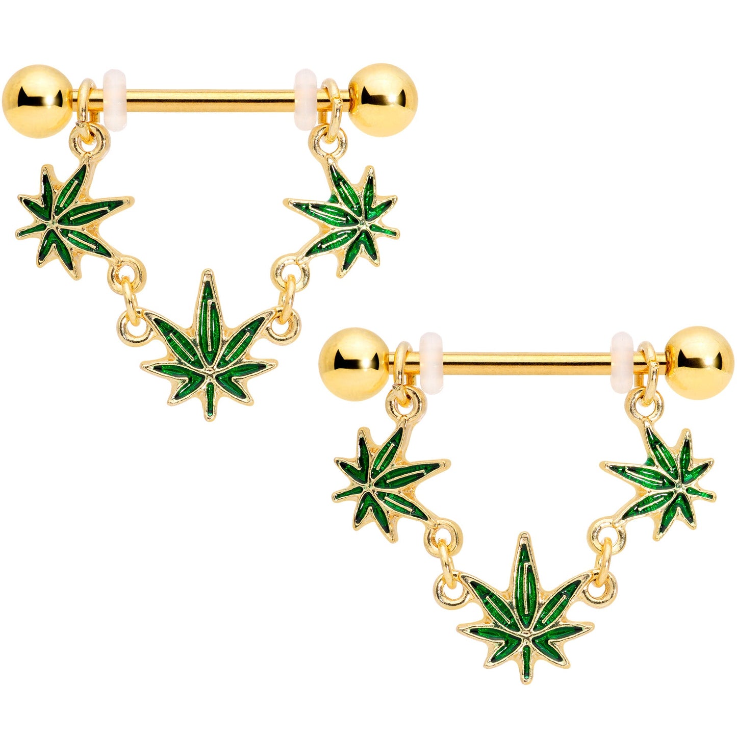 14G 3/4 Green Gold Tone Weed Pot Leaf Dangle Nipple Ring Set BodyCandy