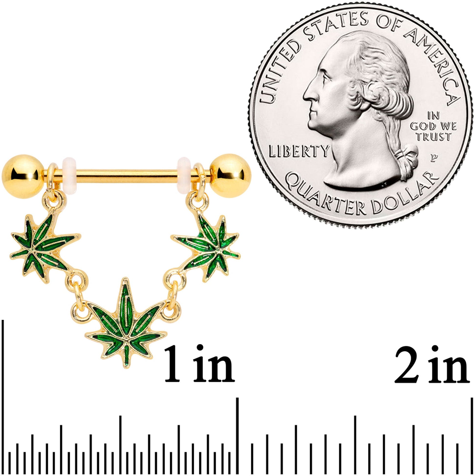 14G 3/4 Green Gold Tone Weed Pot Leaf Dangle Nipple Ring Set BodyCandy
