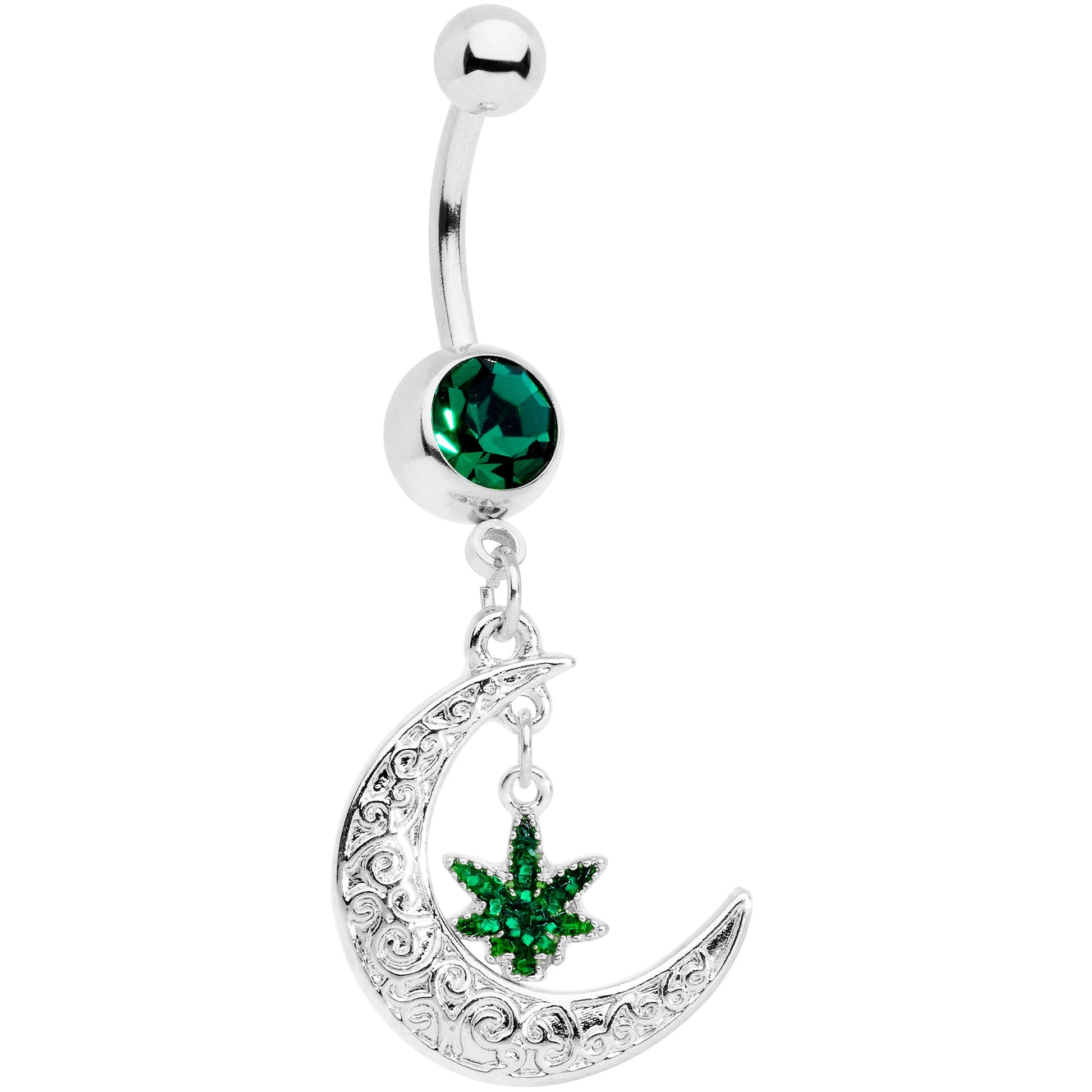 Green Gem Marijuana Pot Leaf Moon Dangle Belly Ring BodyCandy