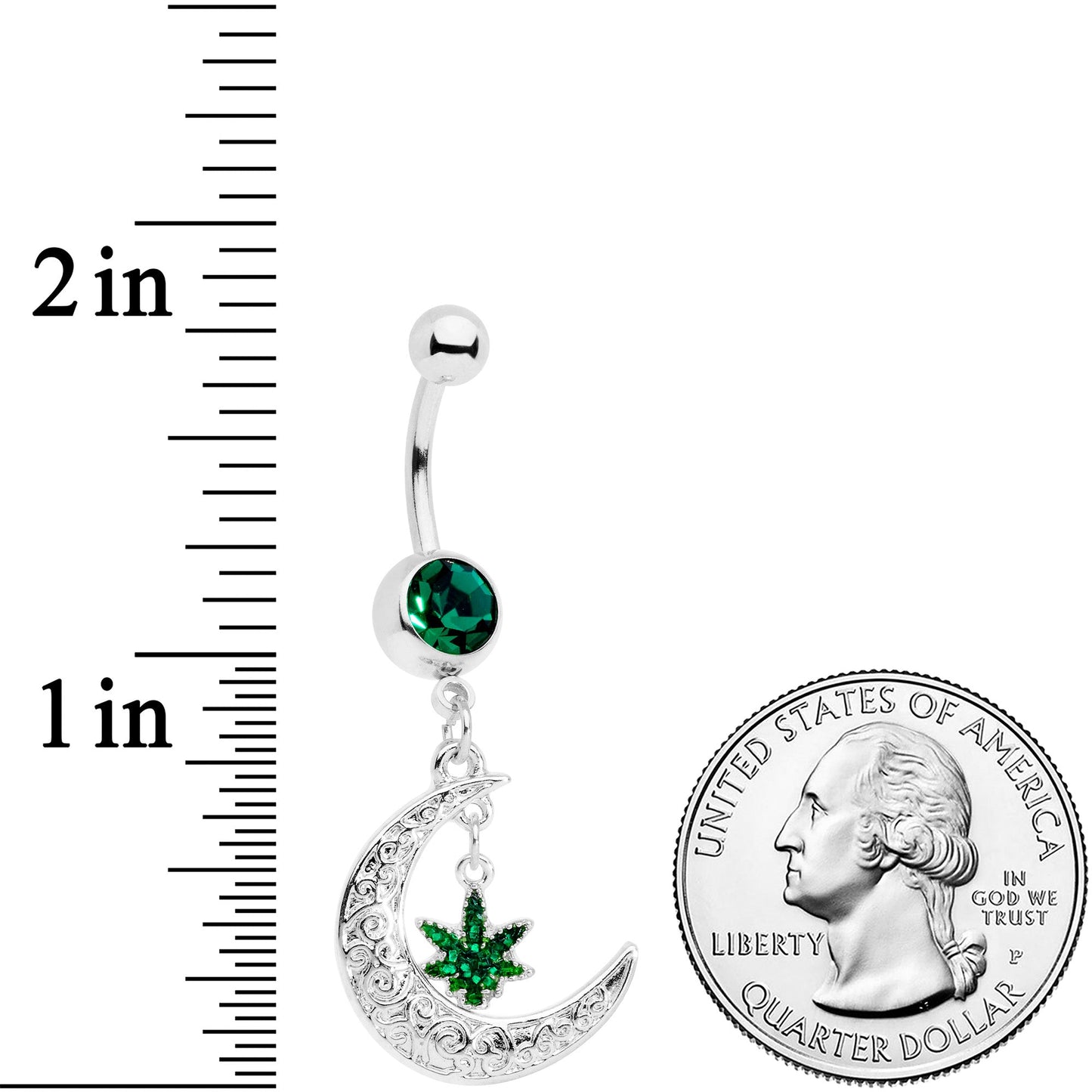 Green Gem Marijuana Pot Leaf Moon Dangle Belly Ring BodyCandy