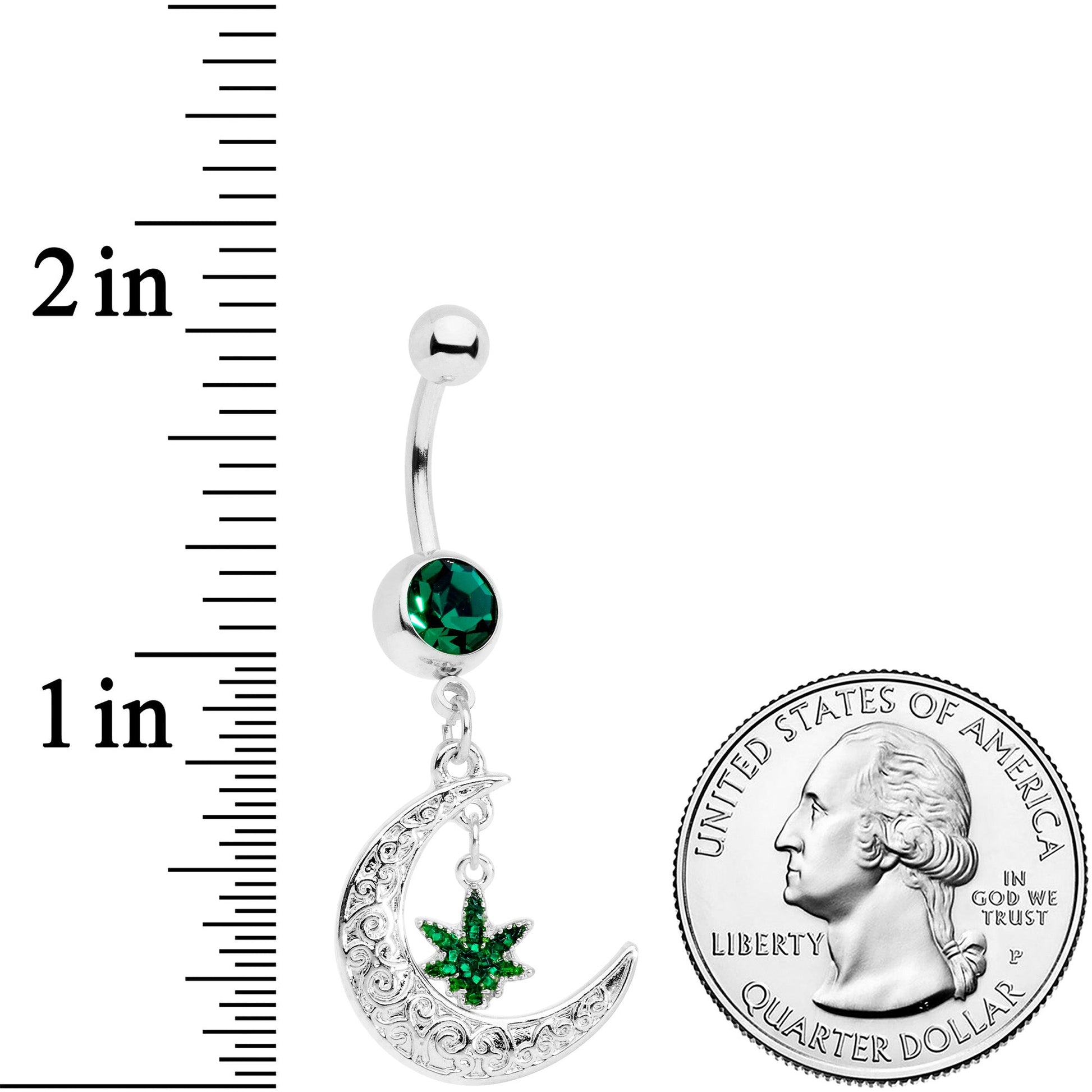 Green Gem Marijuana Pot Leaf Moon Dangle Belly Ring BodyCandy