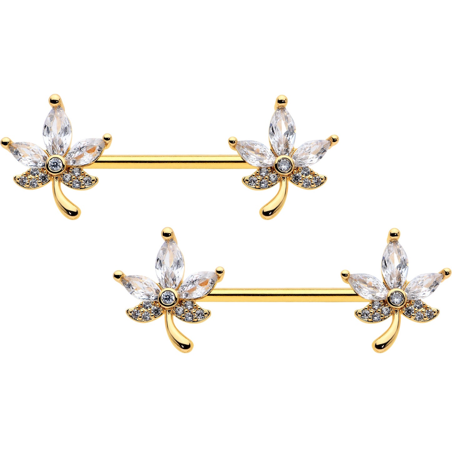 14G 3/4 Clear CZ Gem Gold Tone Pot Leaf Barbell Nipple Ring Set BodyCandy