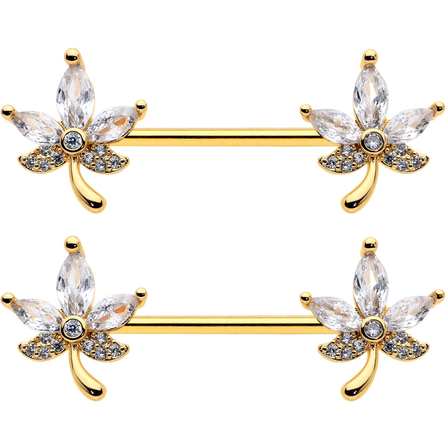 14G 3/4 Clear CZ Gem Gold Tone Pot Leaf Barbell Nipple Ring Set BodyCandy