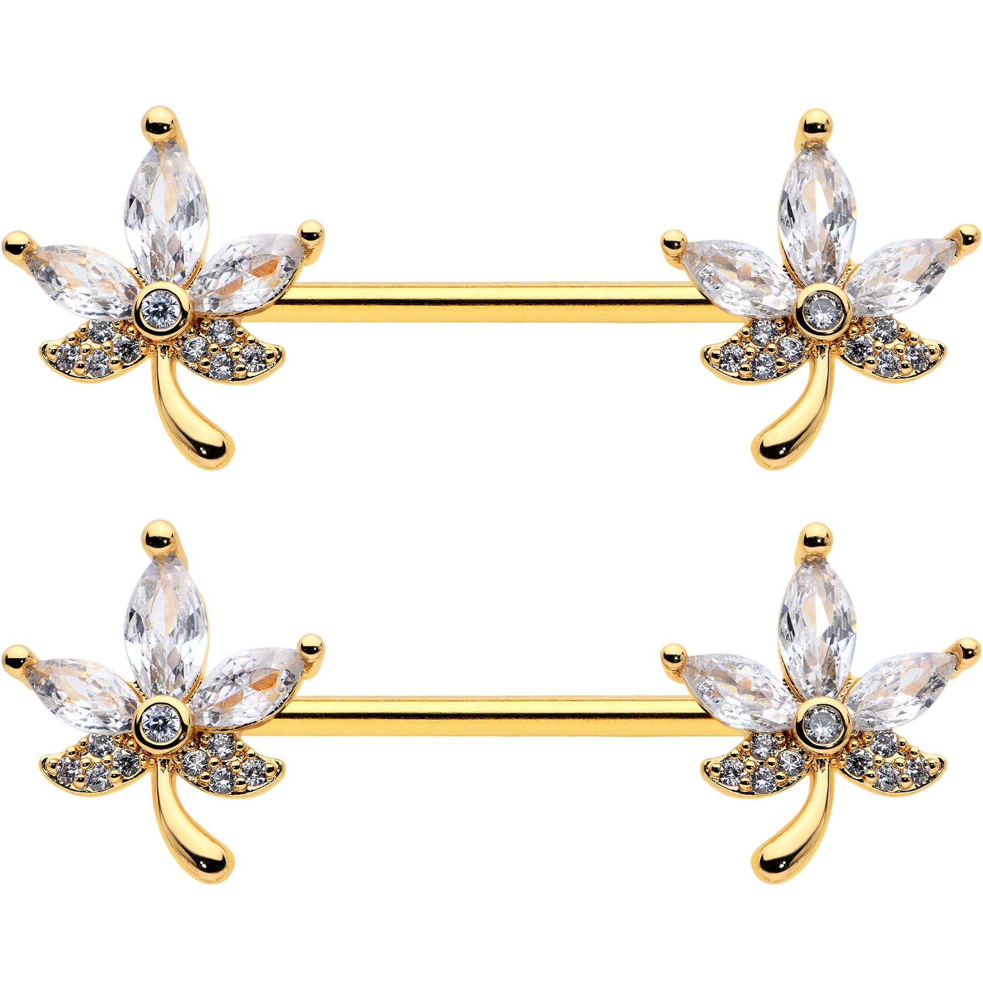 14G 3/4 Clear CZ Gem Gold Tone Pot Leaf Barbell Nipple Ring Set BodyCandy