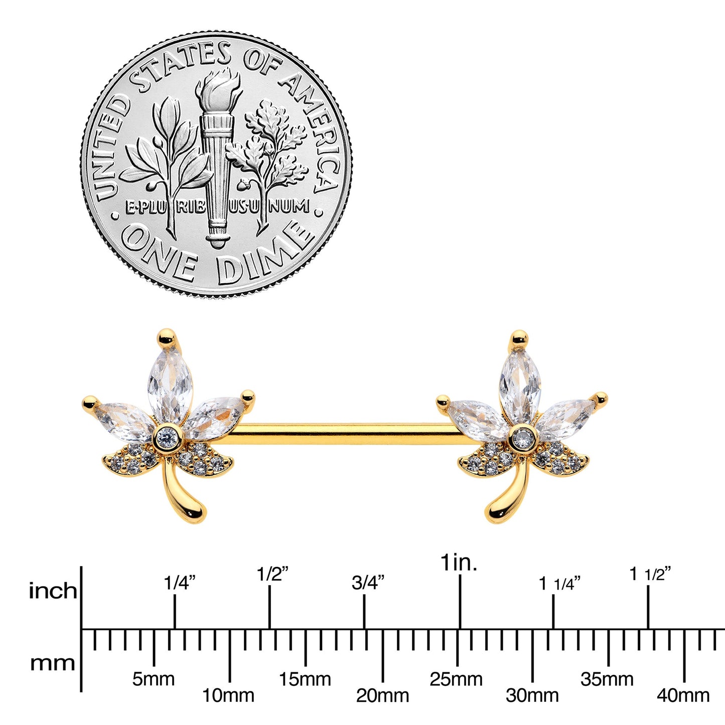 14G 3/4 Clear CZ Gem Gold Tone Pot Leaf Barbell Nipple Ring Set BodyCandy