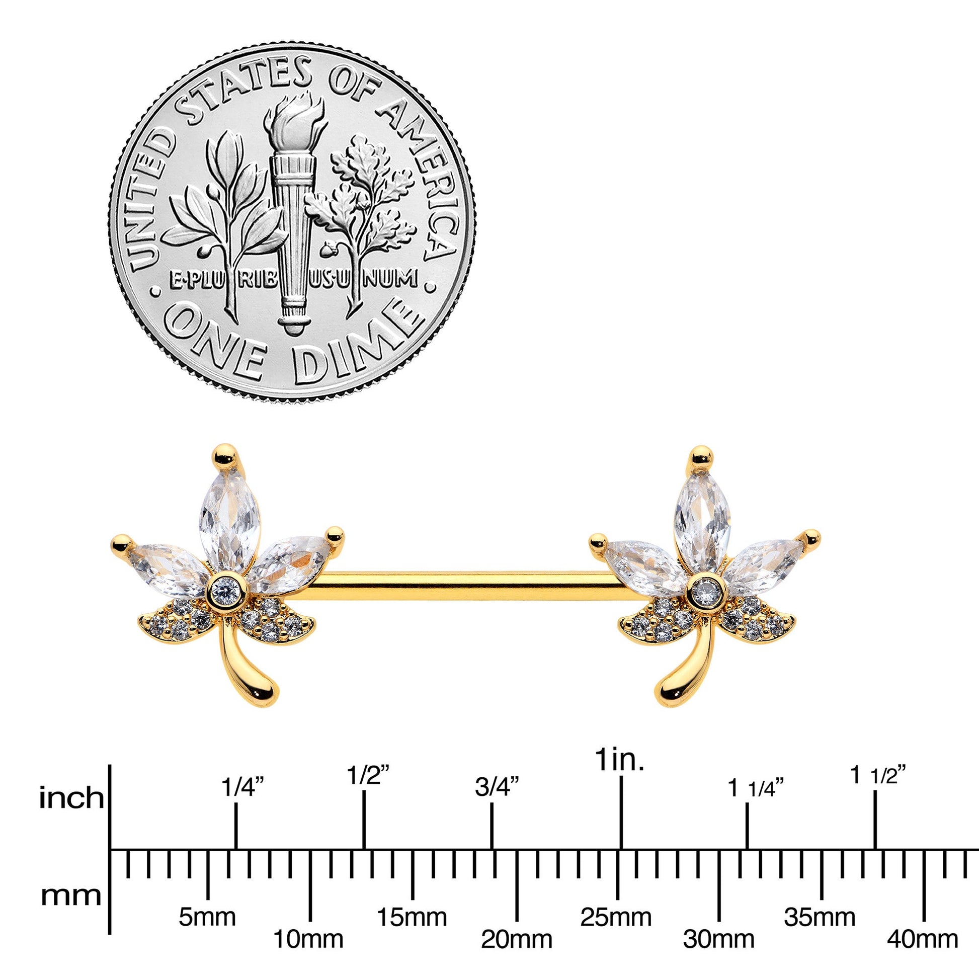 14G 3/4 Clear CZ Gem Gold Tone Pot Leaf Barbell Nipple Ring Set BodyCandy