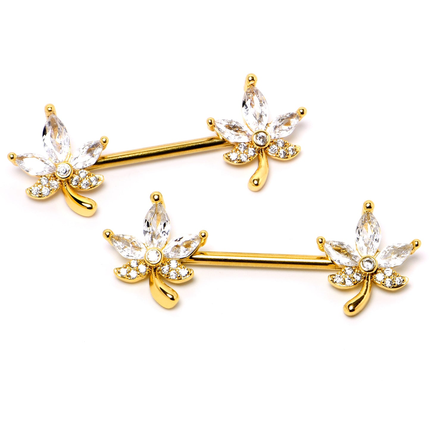14G 3/4 Clear CZ Gem Gold Tone Pot Leaf Barbell Nipple Ring Set BodyCandy