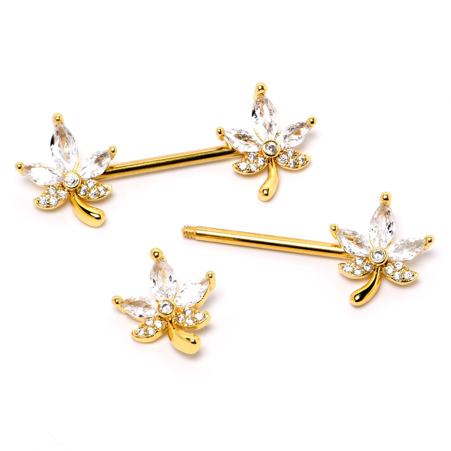 14G 3/4 Clear CZ Gem Gold Tone Pot Leaf Barbell Nipple Ring Set BodyCandy