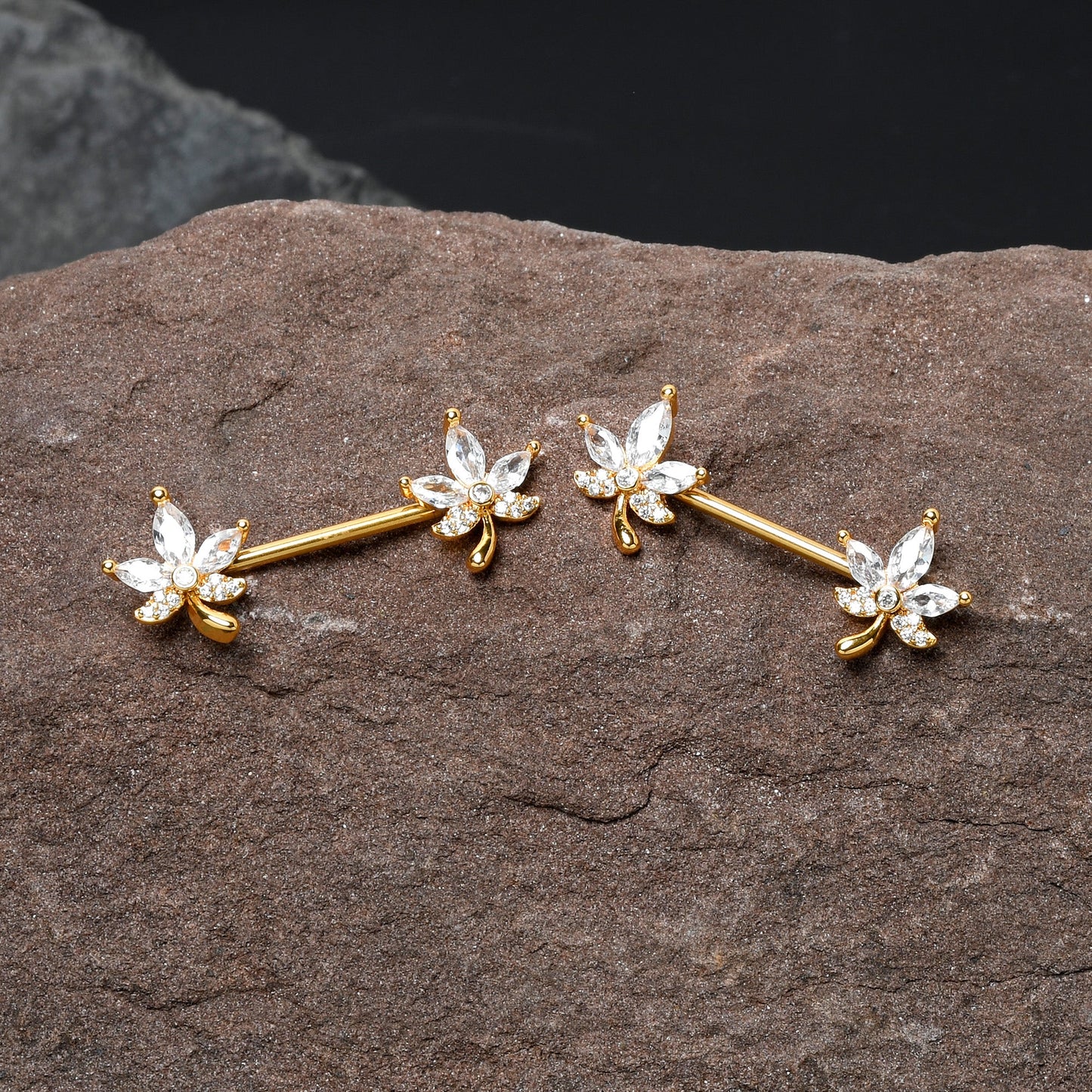14G 3/4 Clear CZ Gem Gold Tone Pot Leaf Barbell Nipple Ring Set BodyCandy