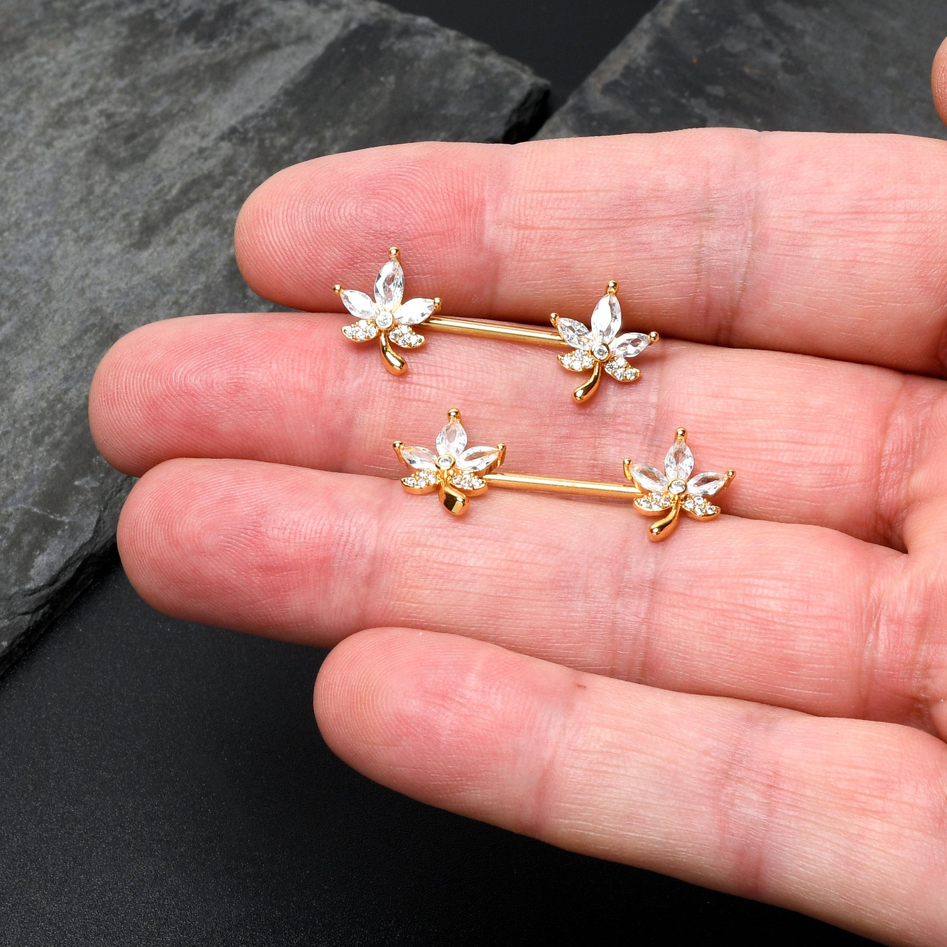 14G 3/4 Clear CZ Gem Gold Tone Pot Leaf Barbell Nipple Ring Set BodyCandy