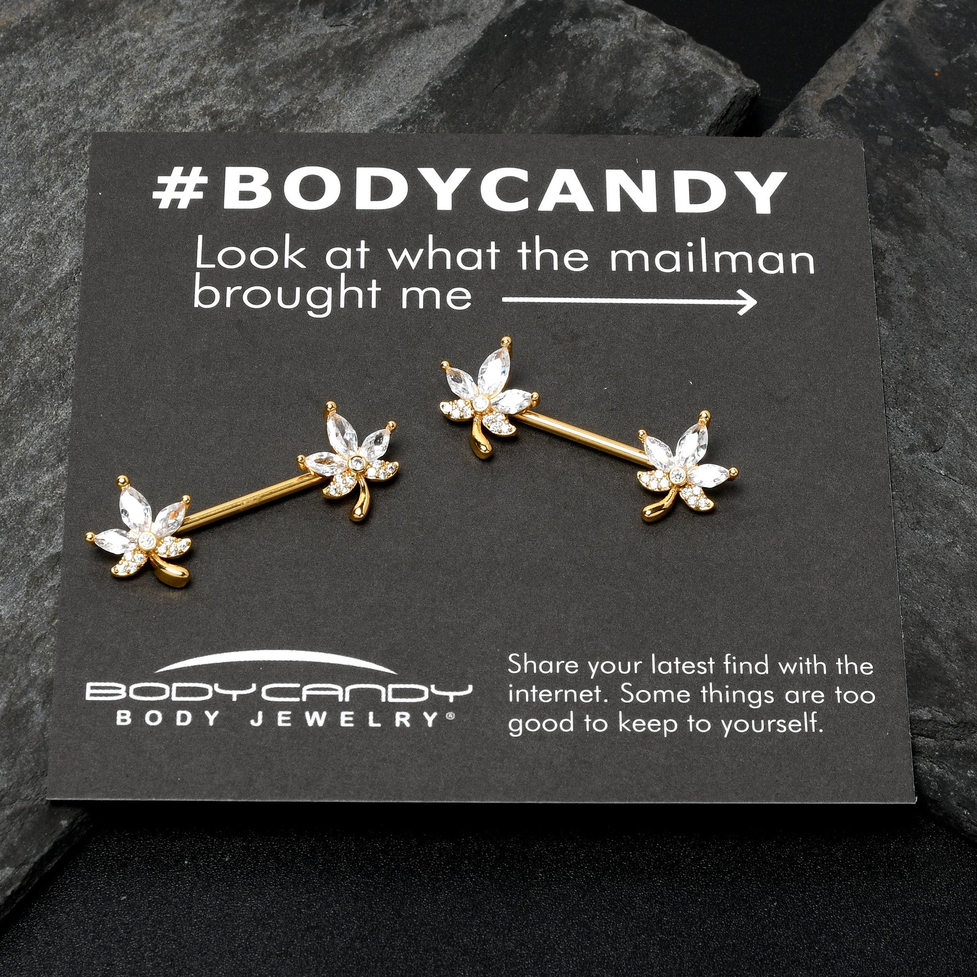 14G 3/4 Clear CZ Gem Gold Tone Pot Leaf Barbell Nipple Ring Set BodyCandy