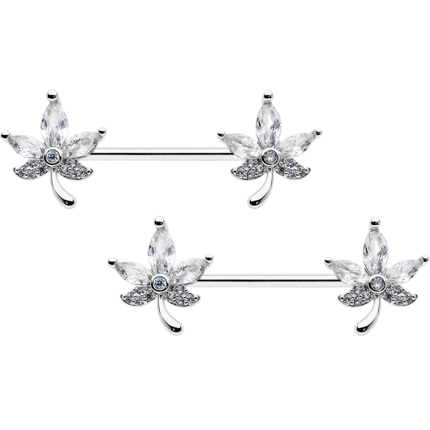 14G 3/4 Clear CZ Gem Pot Leaf Barbell Nipple Ring Set BodyCandy