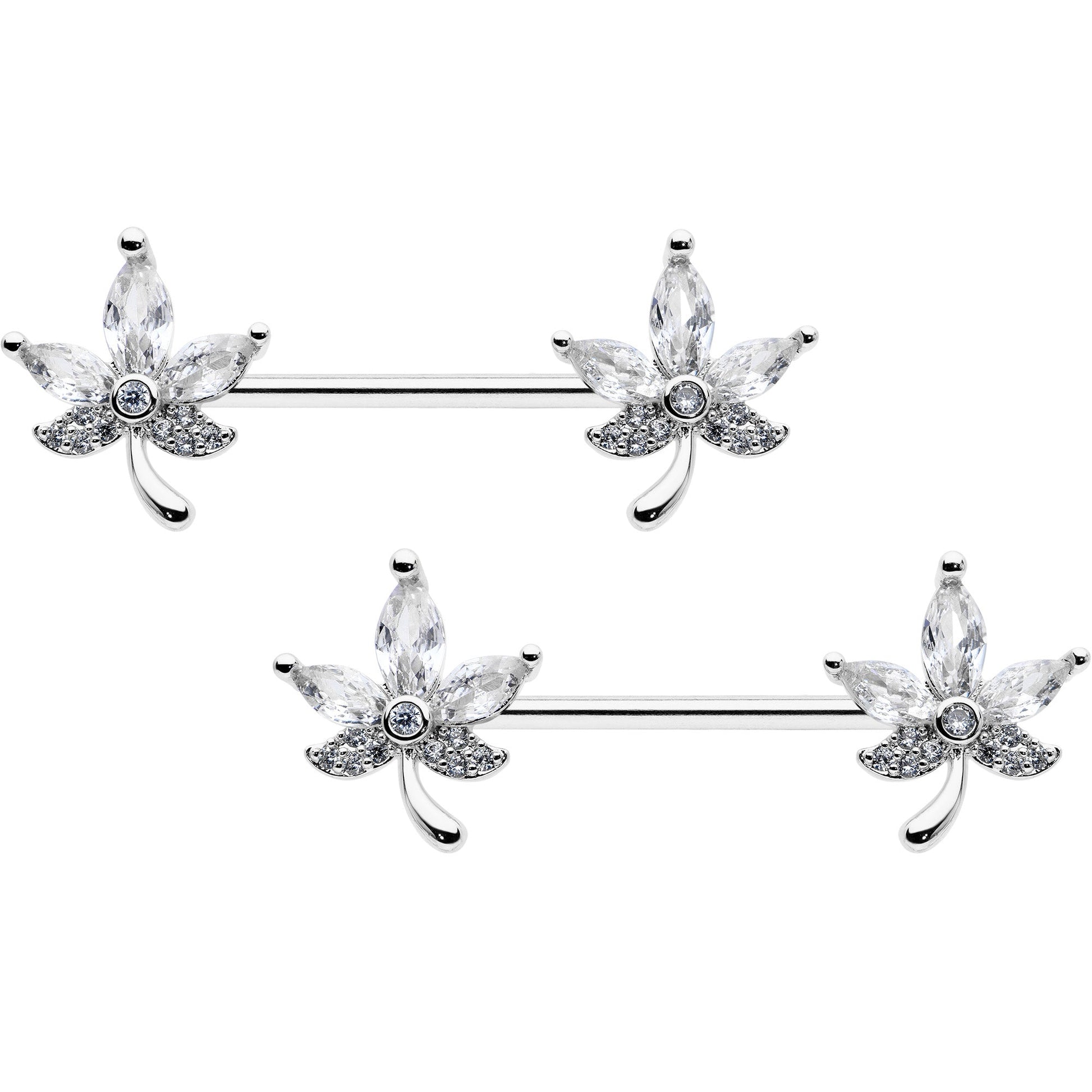 14G 3/4 Clear CZ Gem Pot Leaf Barbell Nipple Ring Set BodyCandy