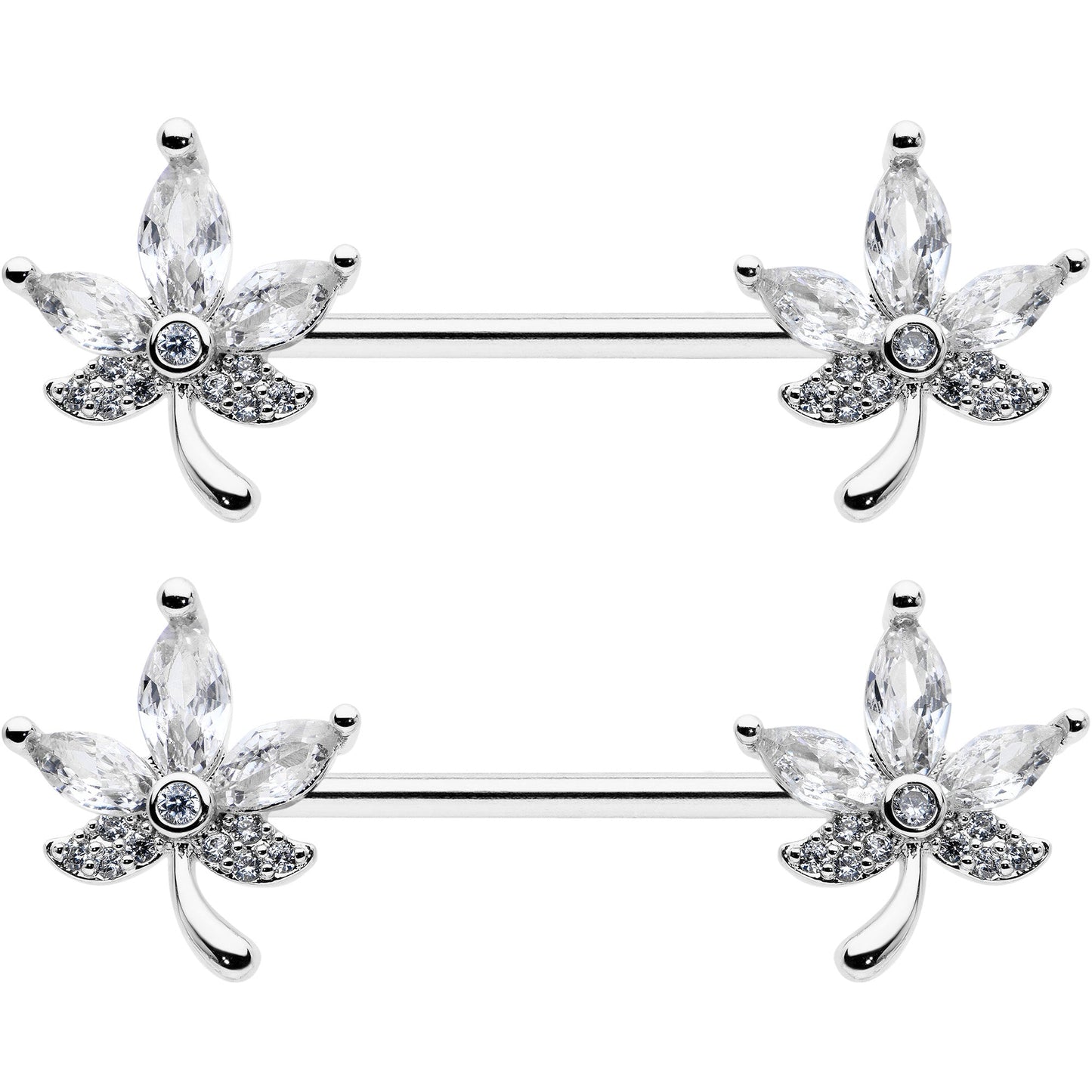 14G 3/4 Clear CZ Gem Pot Leaf Barbell Nipple Ring Set BodyCandy