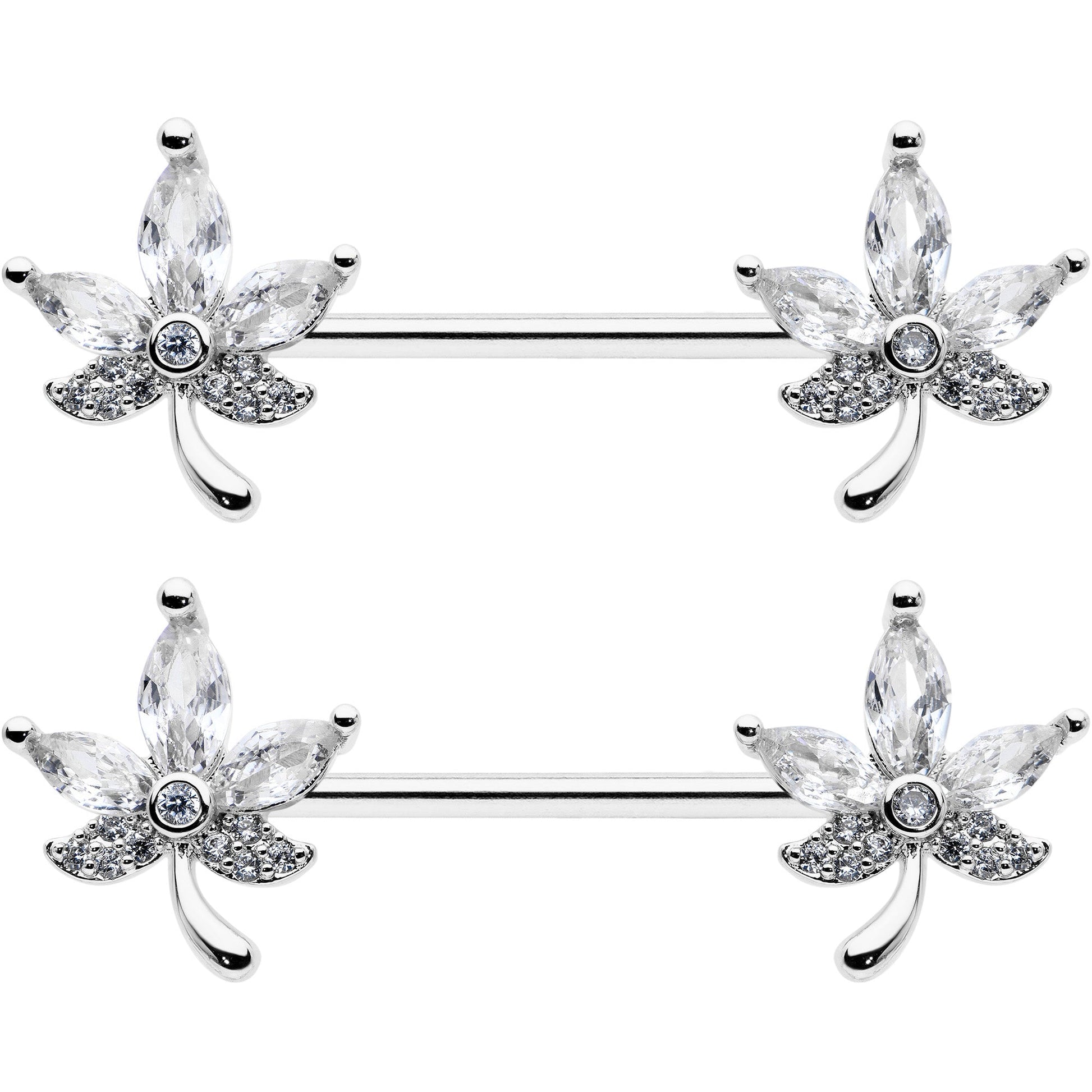 14G 3/4 Clear CZ Gem Pot Leaf Barbell Nipple Ring Set BodyCandy