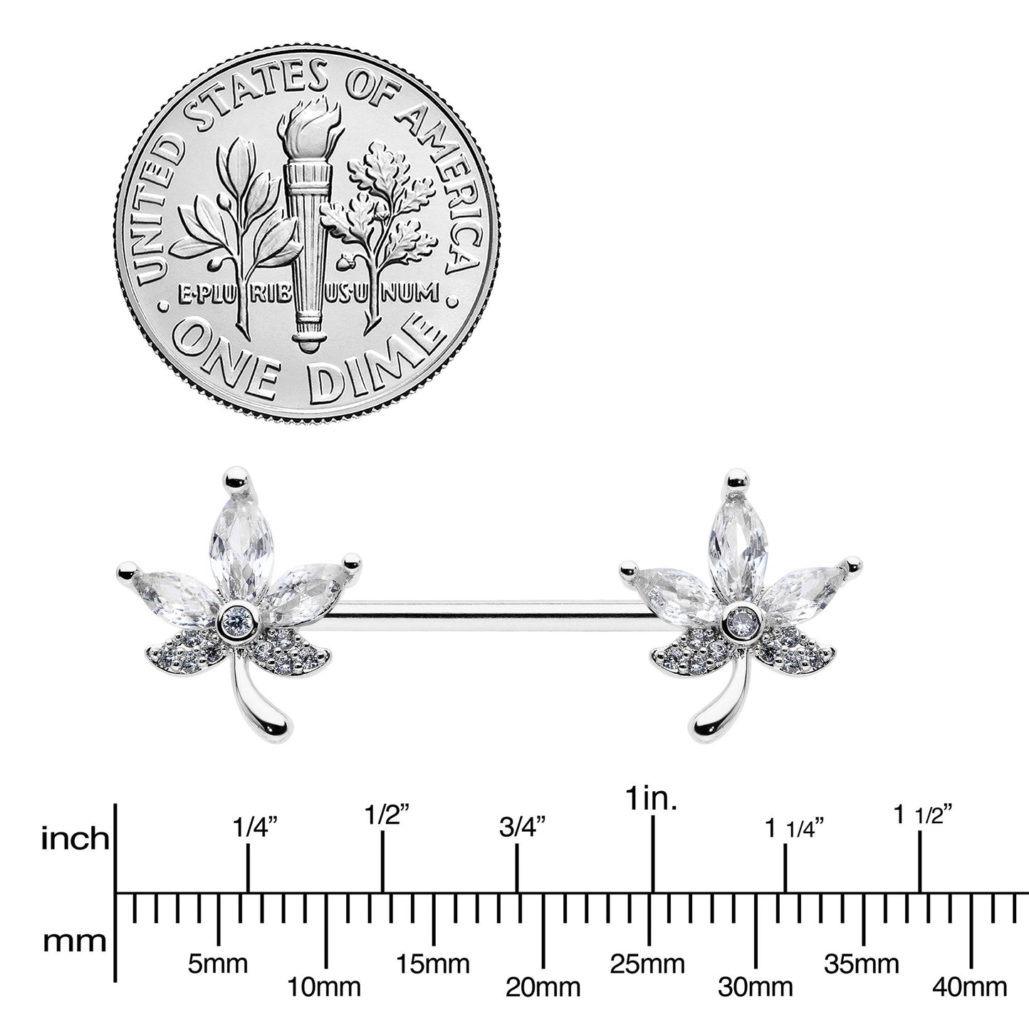 14G 3/4 Clear CZ Gem Pot Leaf Barbell Nipple Ring Set BodyCandy