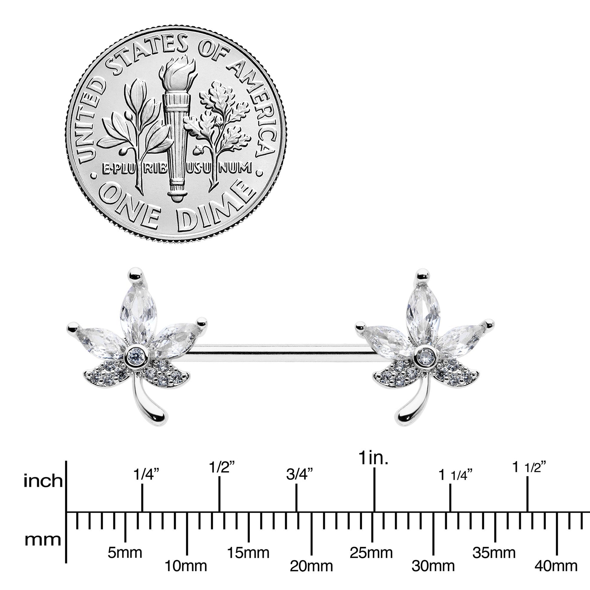 14G 3/4 Clear CZ Gem Pot Leaf Barbell Nipple Ring Set BodyCandy