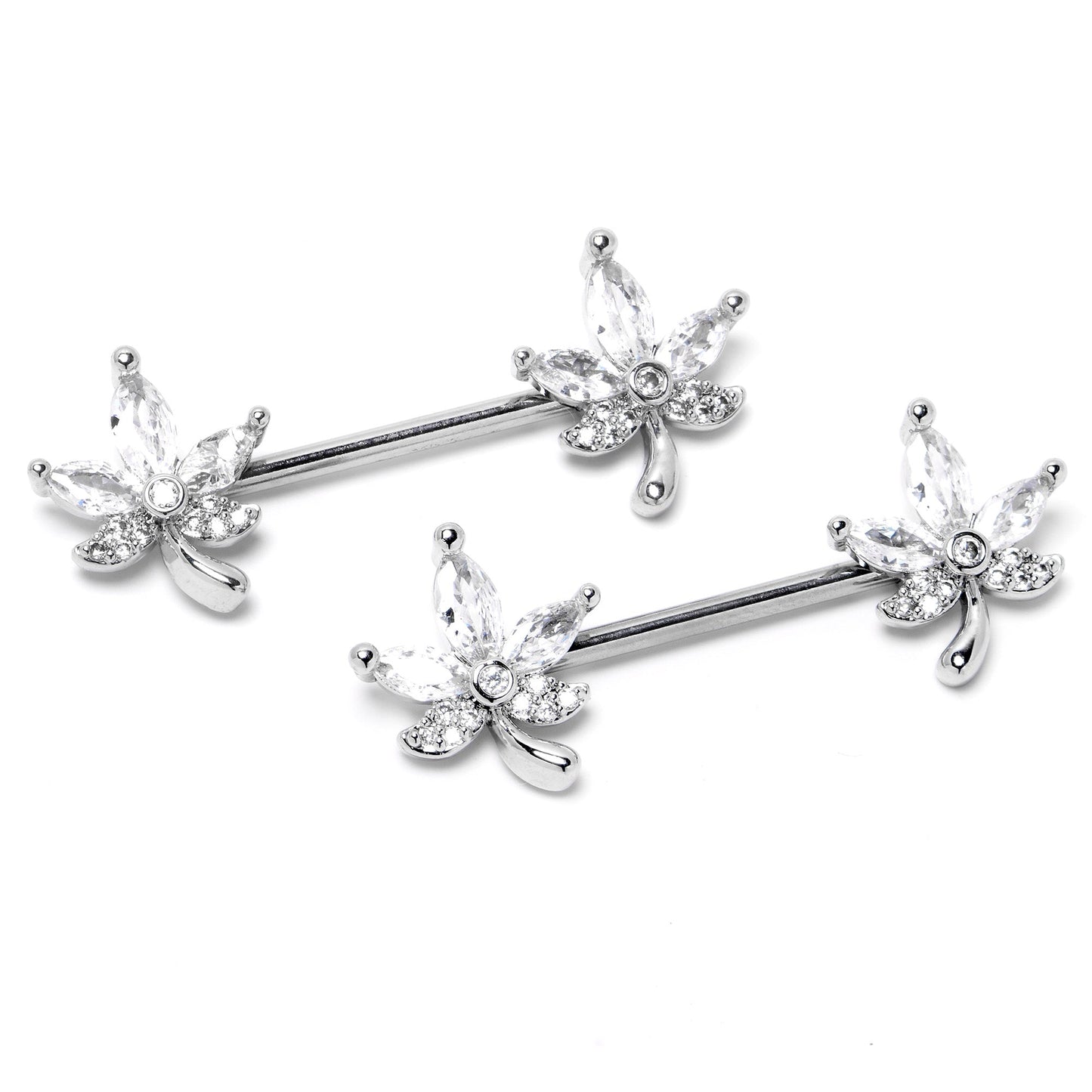 14G 3/4 Clear CZ Gem Pot Leaf Barbell Nipple Ring Set BodyCandy