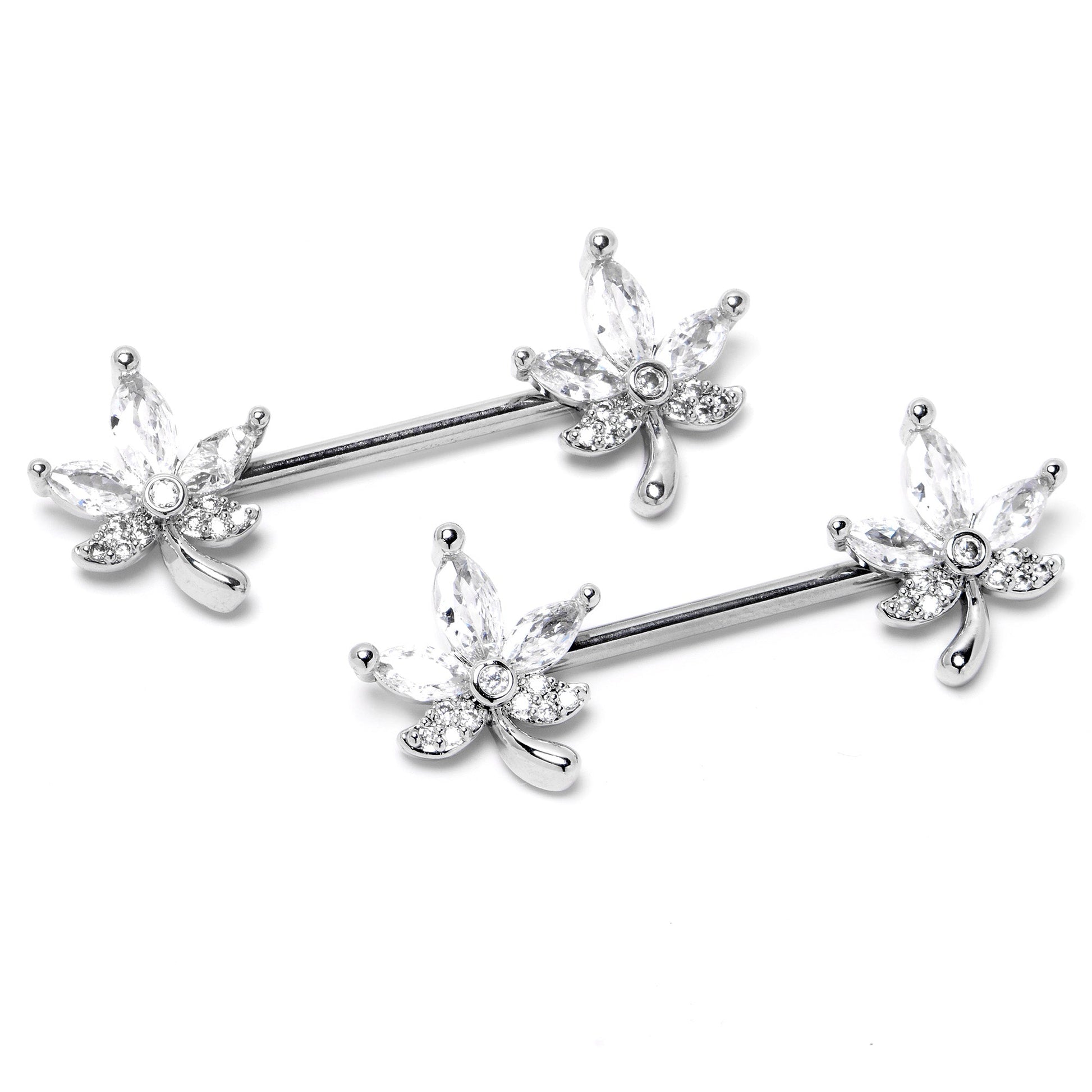 14G 3/4 Clear CZ Gem Pot Leaf Barbell Nipple Ring Set BodyCandy