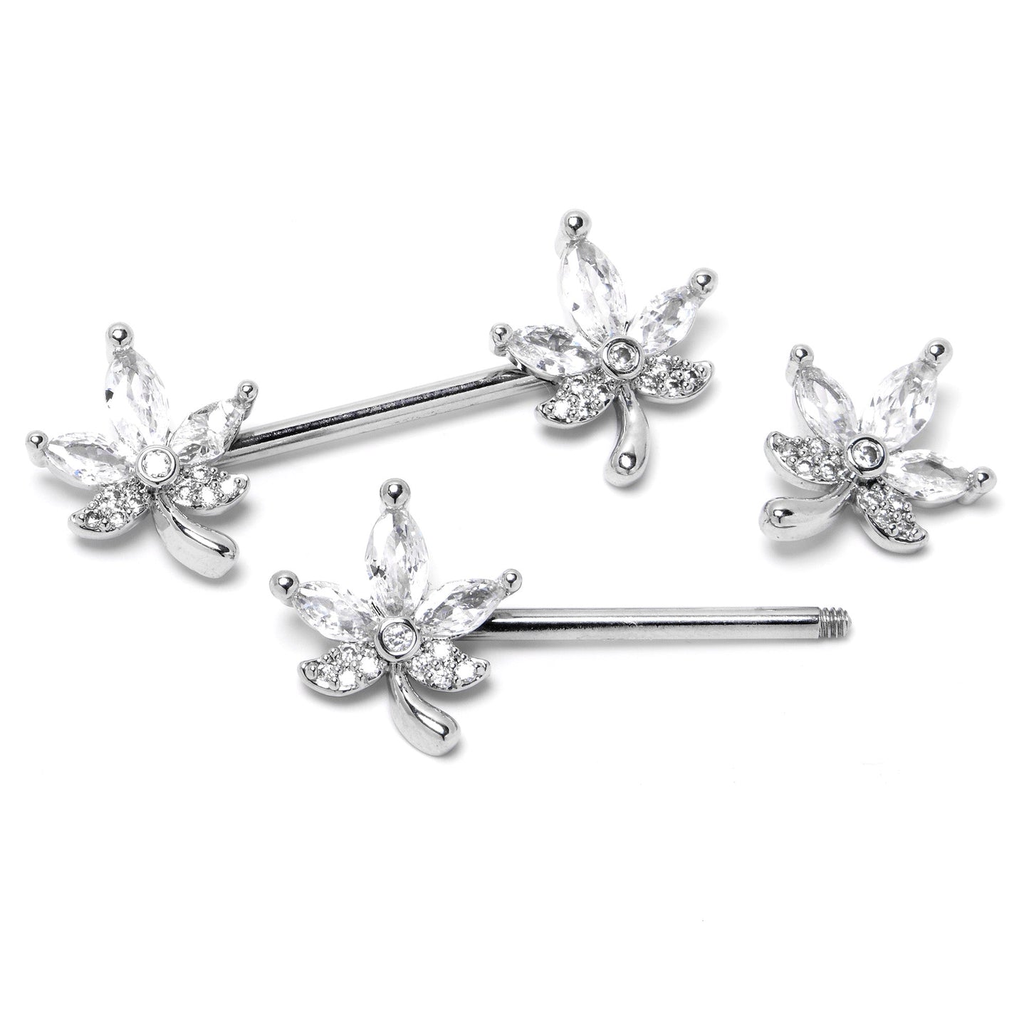 14G 3/4 Clear CZ Gem Pot Leaf Barbell Nipple Ring Set BodyCandy