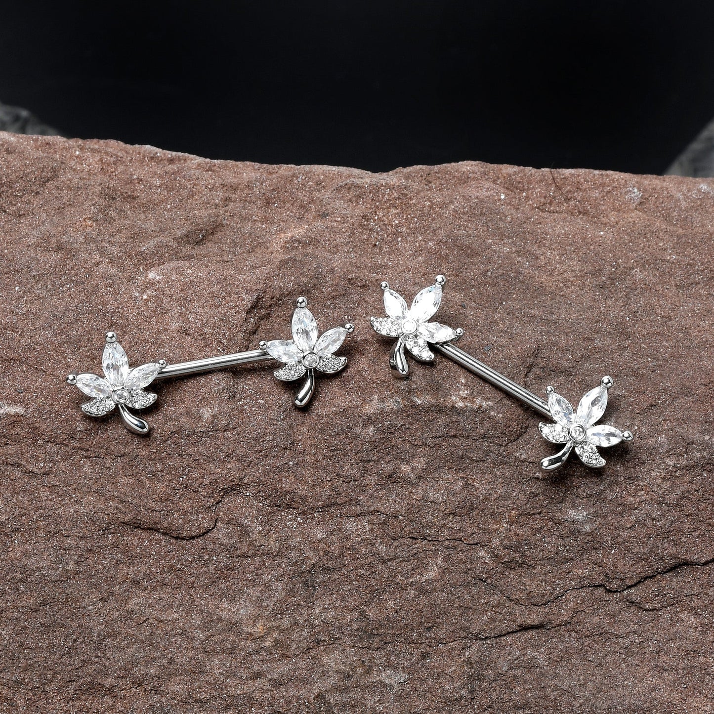 14G 3/4 Clear CZ Gem Pot Leaf Barbell Nipple Ring Set BodyCandy