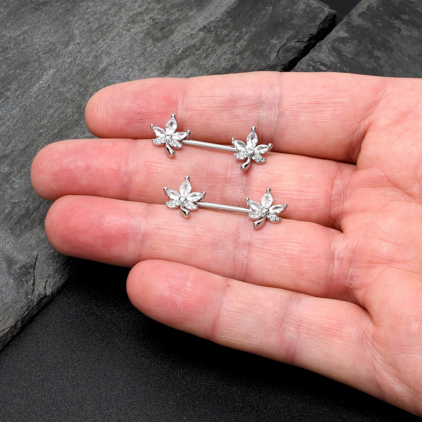 14G 3/4 Clear CZ Gem Pot Leaf Barbell Nipple Ring Set BodyCandy