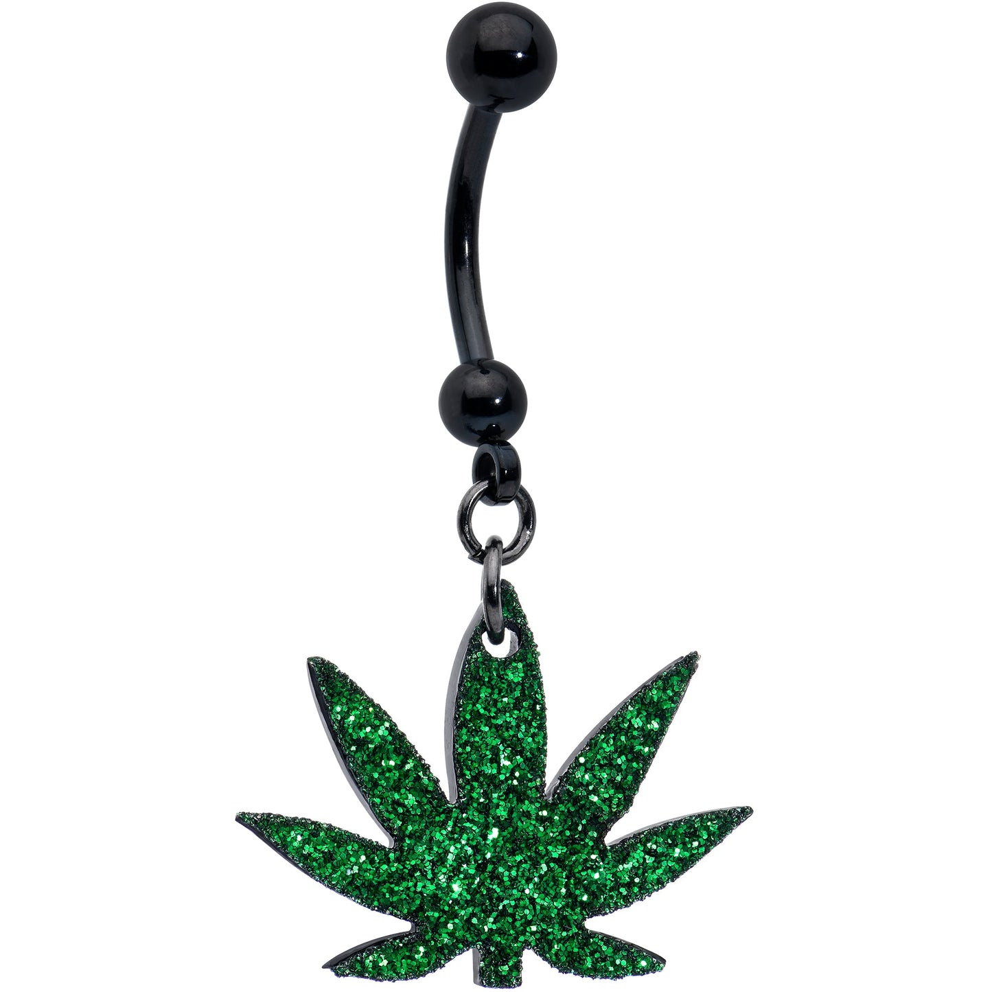 Green Glitter Marijuana Pot Leaf Black Dangle Belly Ring BodyCandy
