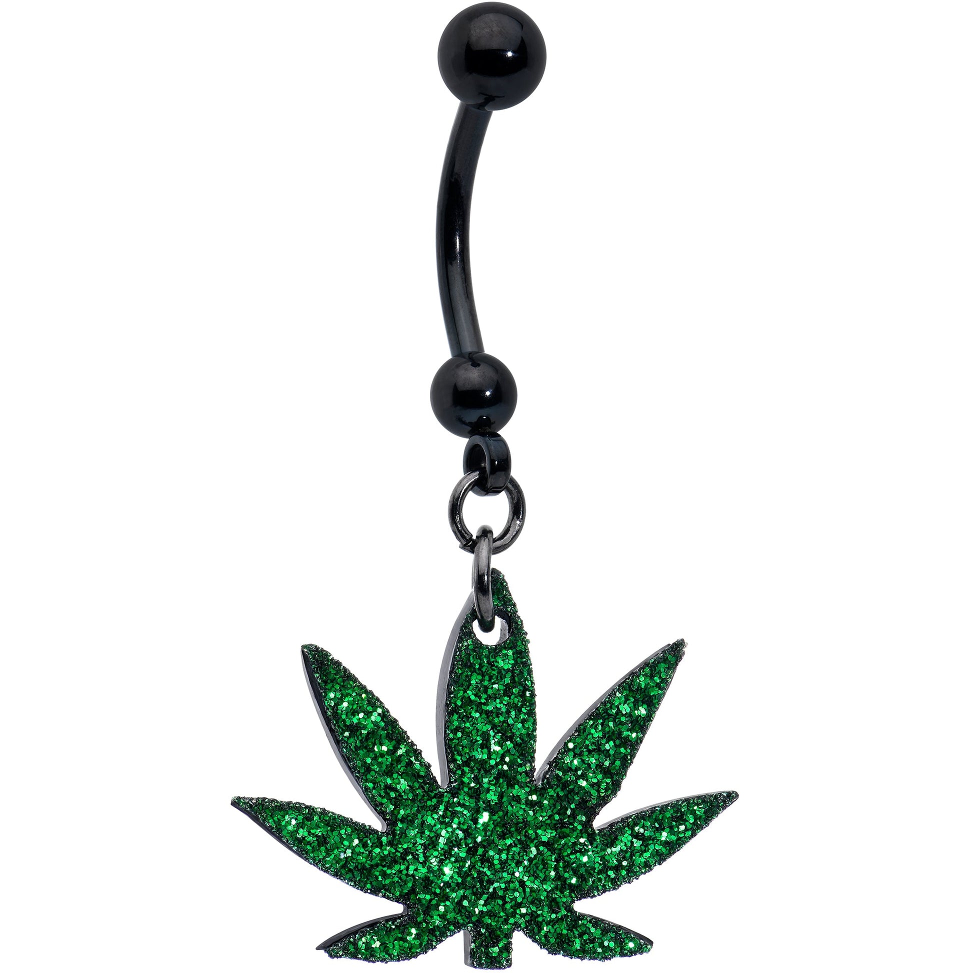 Green Glitter Marijuana Pot Leaf Black Dangle Belly Ring BodyCandy