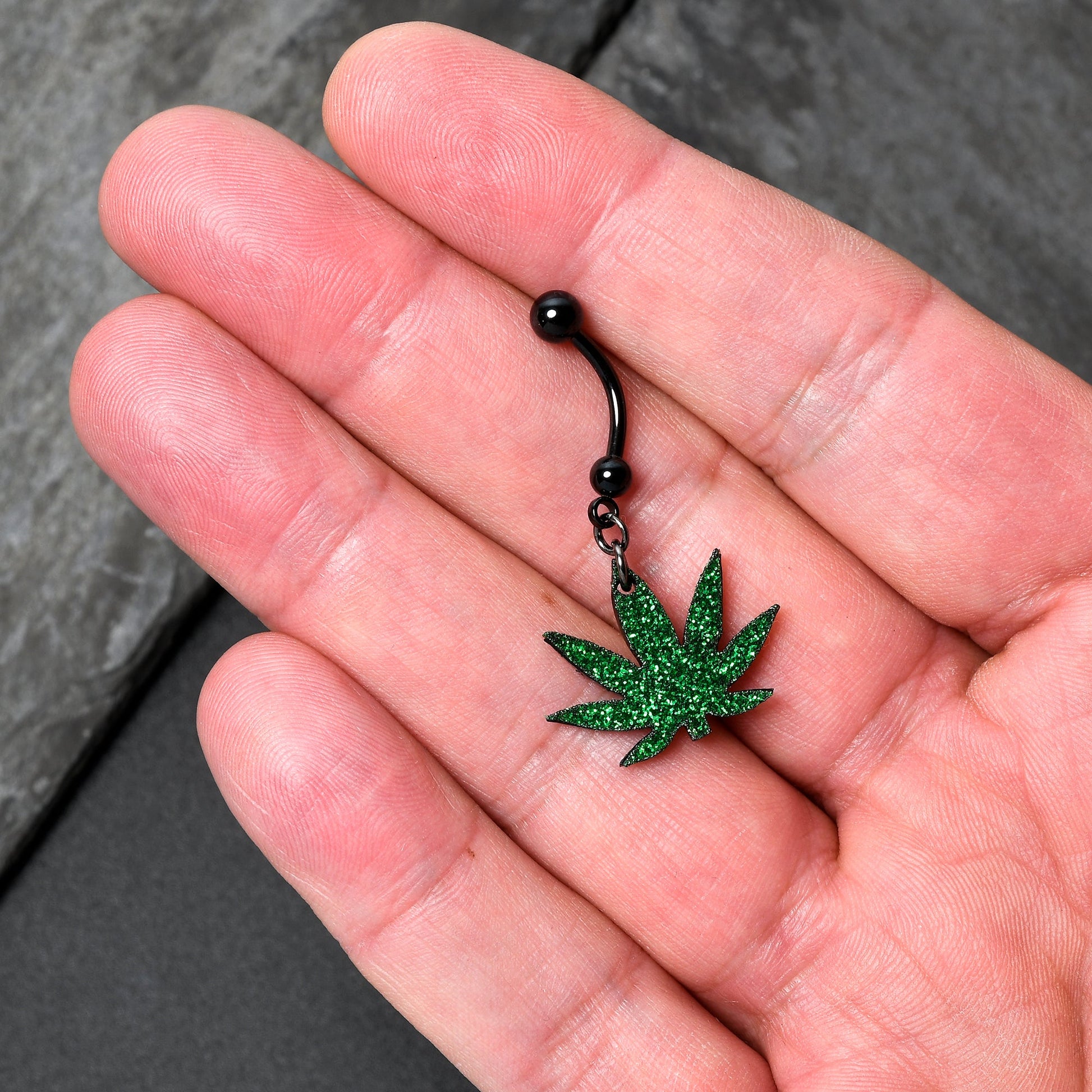 Green Glitter Marijuana Pot Leaf Black Dangle Belly Ring BodyCandy