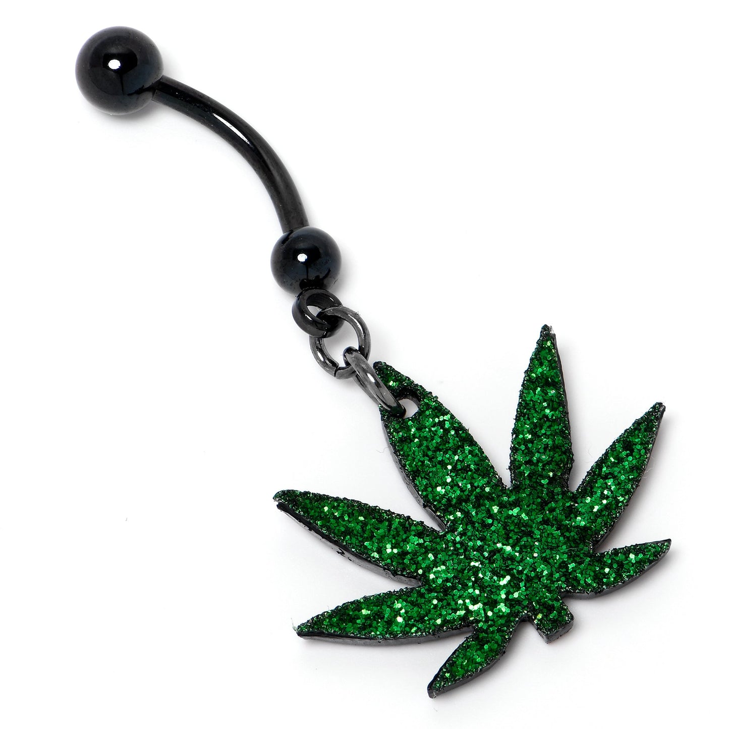 Green Glitter Marijuana Pot Leaf Black Dangle Belly Ring BodyCandy