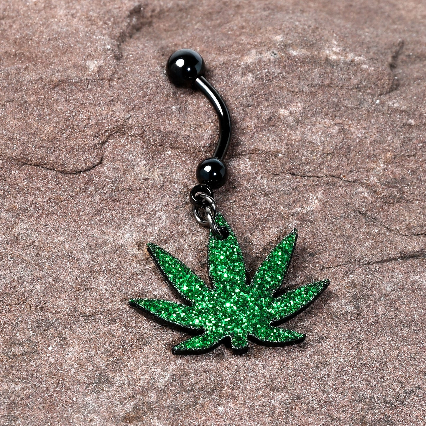 Green Glitter Marijuana Pot Leaf Black Dangle Belly Ring BodyCandy