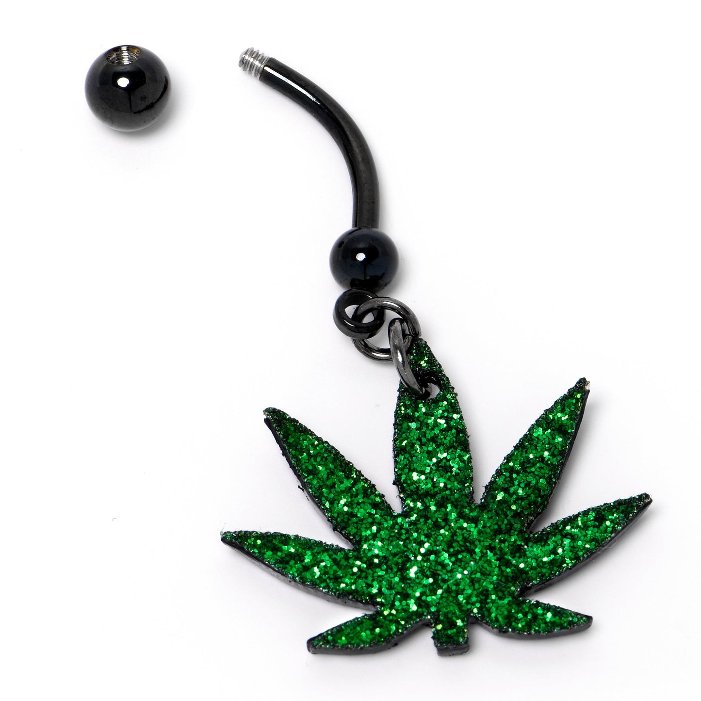 Green Glitter Marijuana Pot Leaf Black Dangle Belly Ring BodyCandy