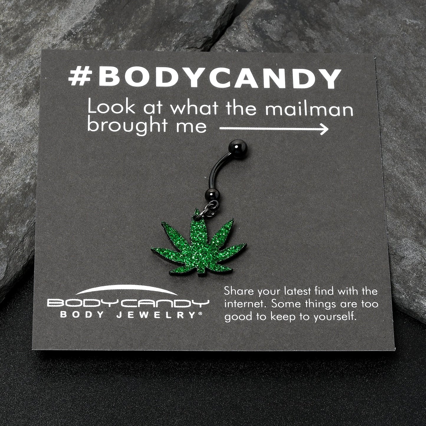 Green Glitter Marijuana Pot Leaf Black Dangle Belly Ring BodyCandy