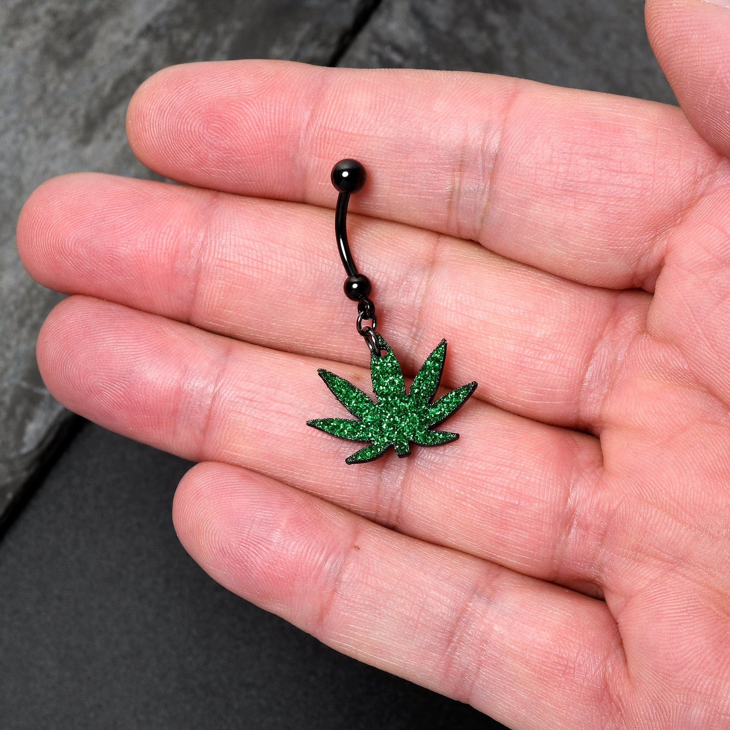 Green Glitter Marijuana Pot Leaf Black Dangle Belly Ring BodyCandy
