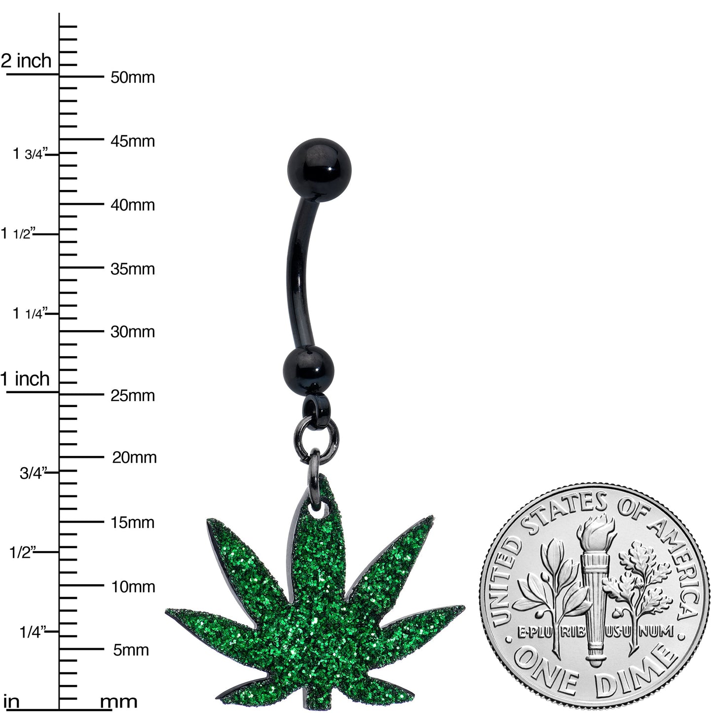 Green Glitter Marijuana Pot Leaf Black Dangle Belly Ring BodyCandy